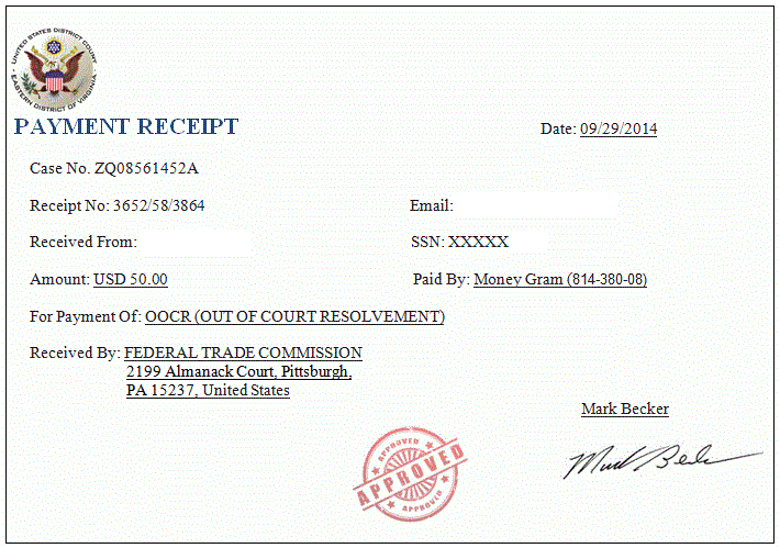 FIS Scam Example Receipt